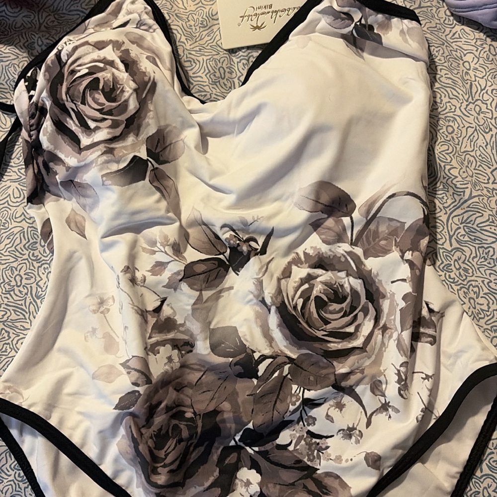 Floral One-Piece Swimsuit in Black and Cream